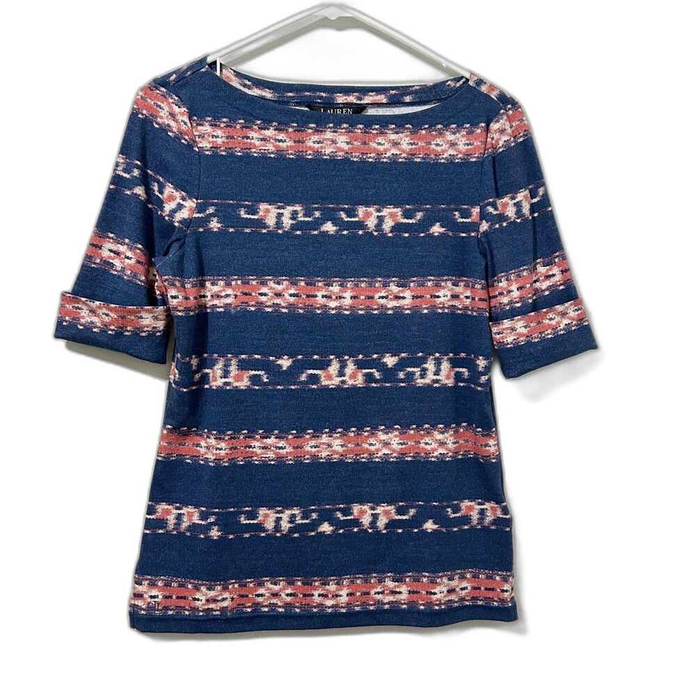 Lauren Ralph Lauren Top Blue Pink Ikat Ikat Boatneck Elbow Sleeve Petite Medium